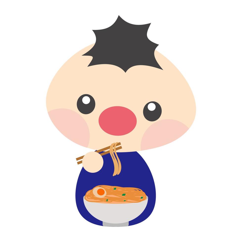 lindo niño comiendo fideos usando su mano. niño comiendo solo. desayuno, almuerzo, cena para niños. personaje de caricatura aislado, vector, ilustración, eps10 vector