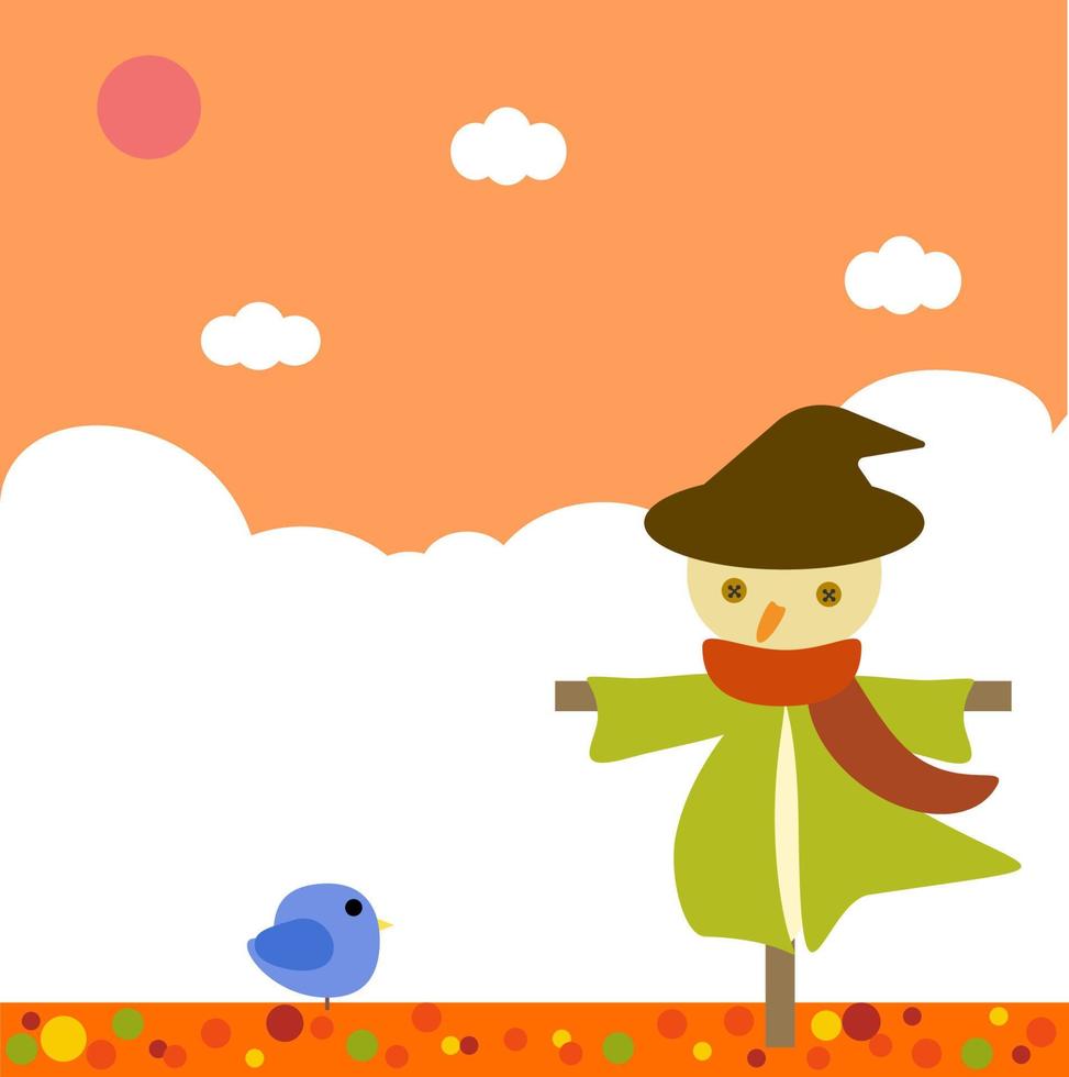 dibujos animados lindo paisaje otoñal con espantapájaros y pájaro. hermoso fondo de cielo naranja al atardecer, dibujos animados lindo paisaje otoñal con espantapájaros y pájaro. hermoso fondo de cielo naranja al atardecer,