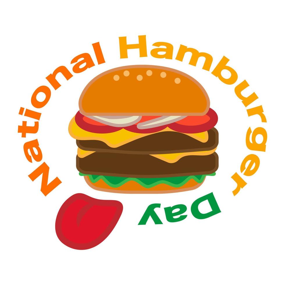 caricatura, queso, hamburguesa grande, icono, y, sticker. hamburguesa con lechuga, tomate, queso y bistec de hamburguesa. vector del día nacional de la hamburguesa, ilustración, eps10