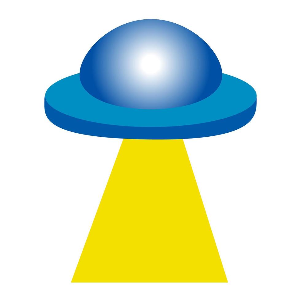 Cartoon cute blue UFO with yellow light. Isolated on white background, flat design, vector, illustration, EPS10 vector