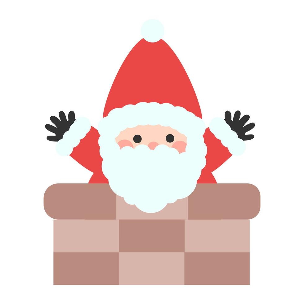 Cute humor Santa Claus waving at chimney, showing hands. Isolated on white background, flat design, EPS10 vector
