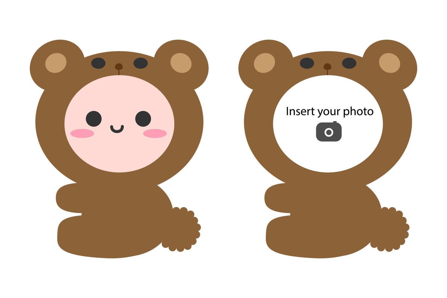 Cute little teddy bear sitting on floor. Snap your face into photo frame. Isolated on white background, flat design, EPS10 vector