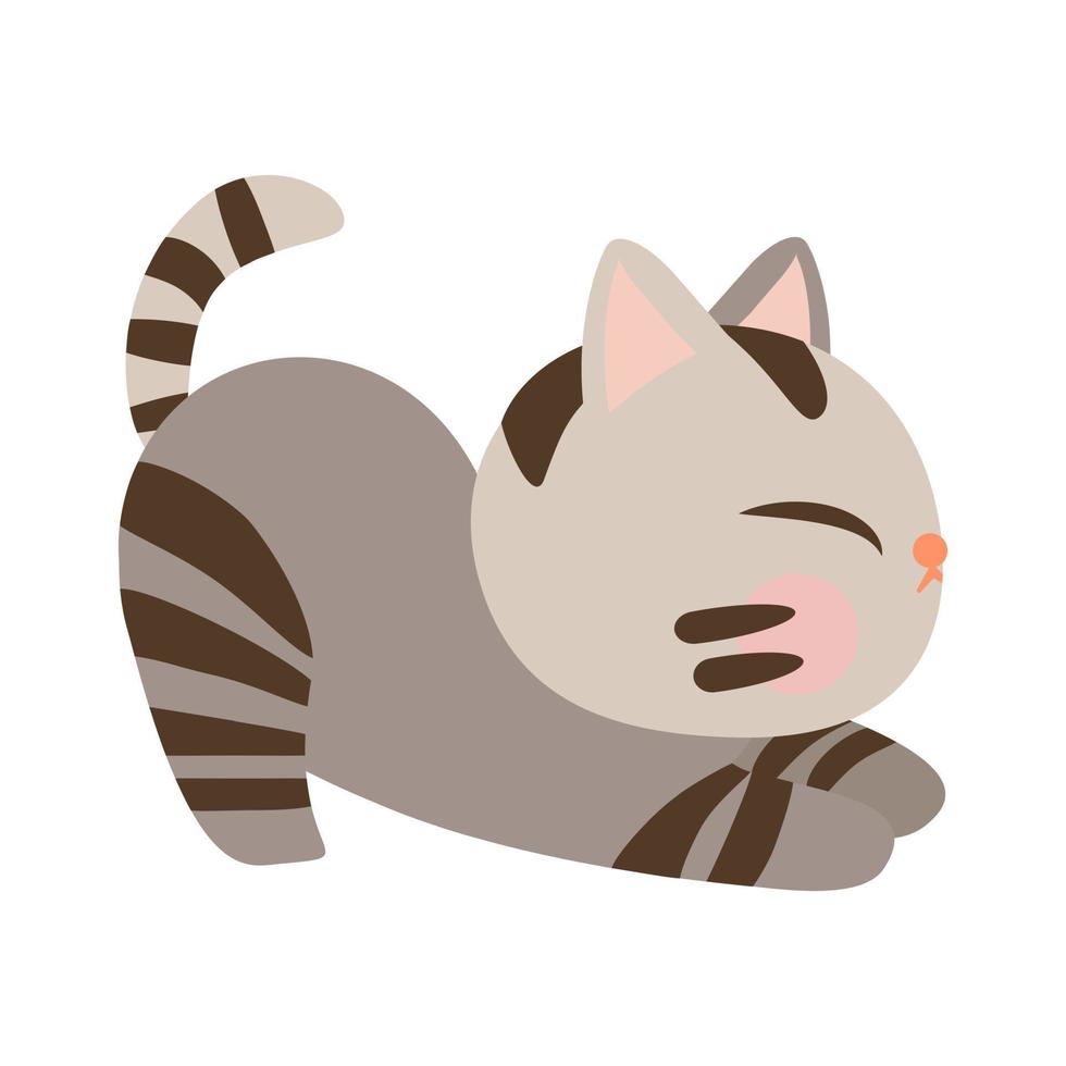 icono de gato pequeño de dibujos animados lindo. gato parado en el suelo y estirándose con los ojos cerrados. gato con color gris. ilustración de dibujos animados, vectorial, eps10 vector