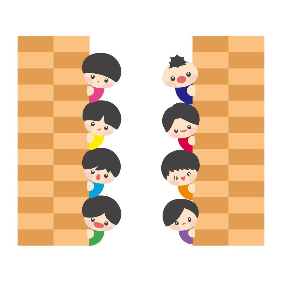 Cartoon kids playing hide and seek hiding before the wall. Children having run playing games. Illustration, vector, EPS10 vector