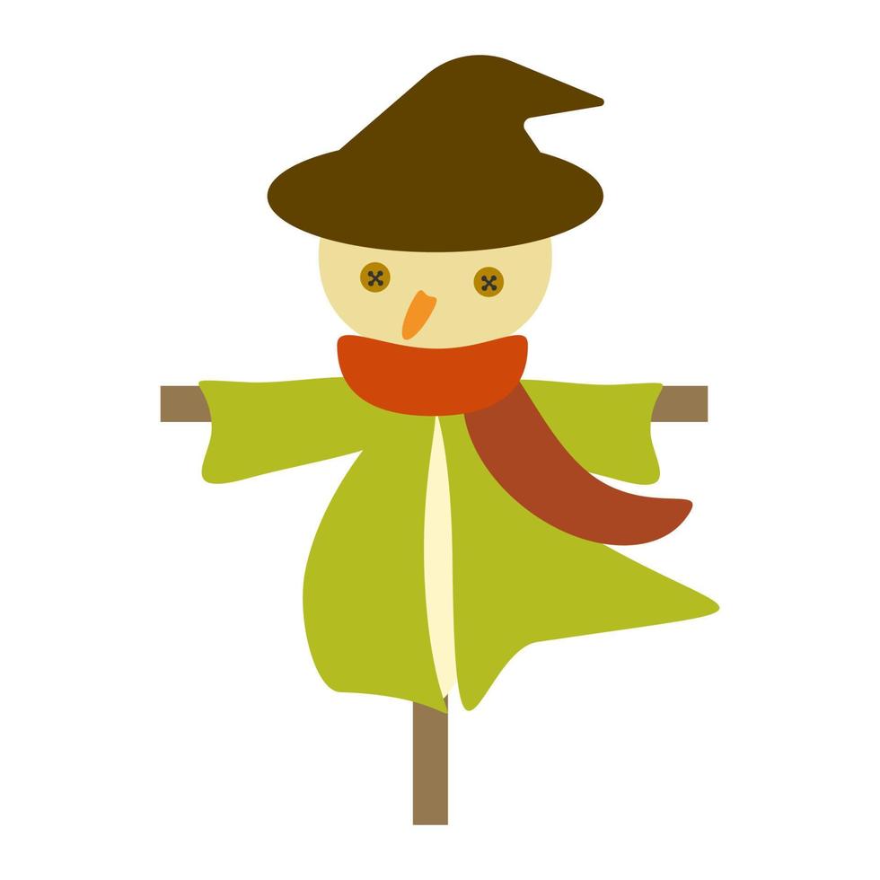 Cartoon cute scarecrow with green cloth, brown hat and red scarf. Isolated character on white background, flat style design, vector, illustration, EPS10 vector