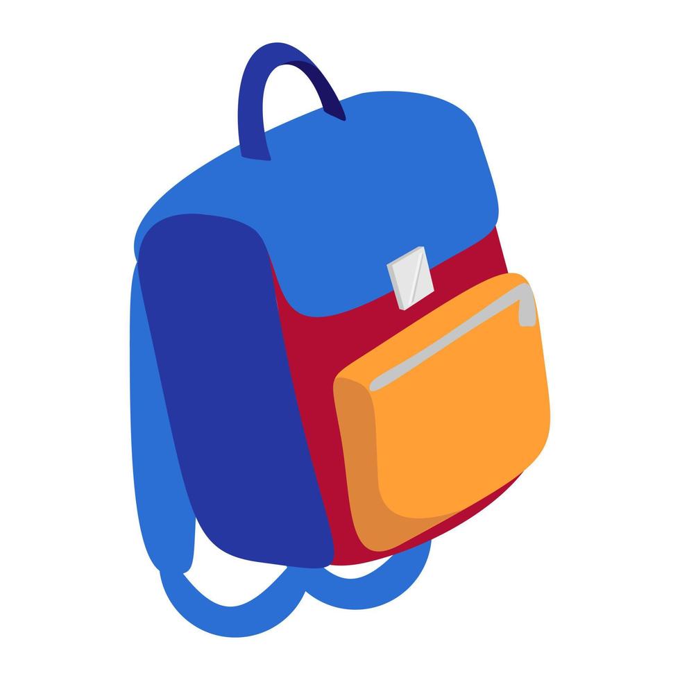 Cartoon blue schoolbag with textbook inside. Flat design stationery. Isolated on white background, EPS10 vector