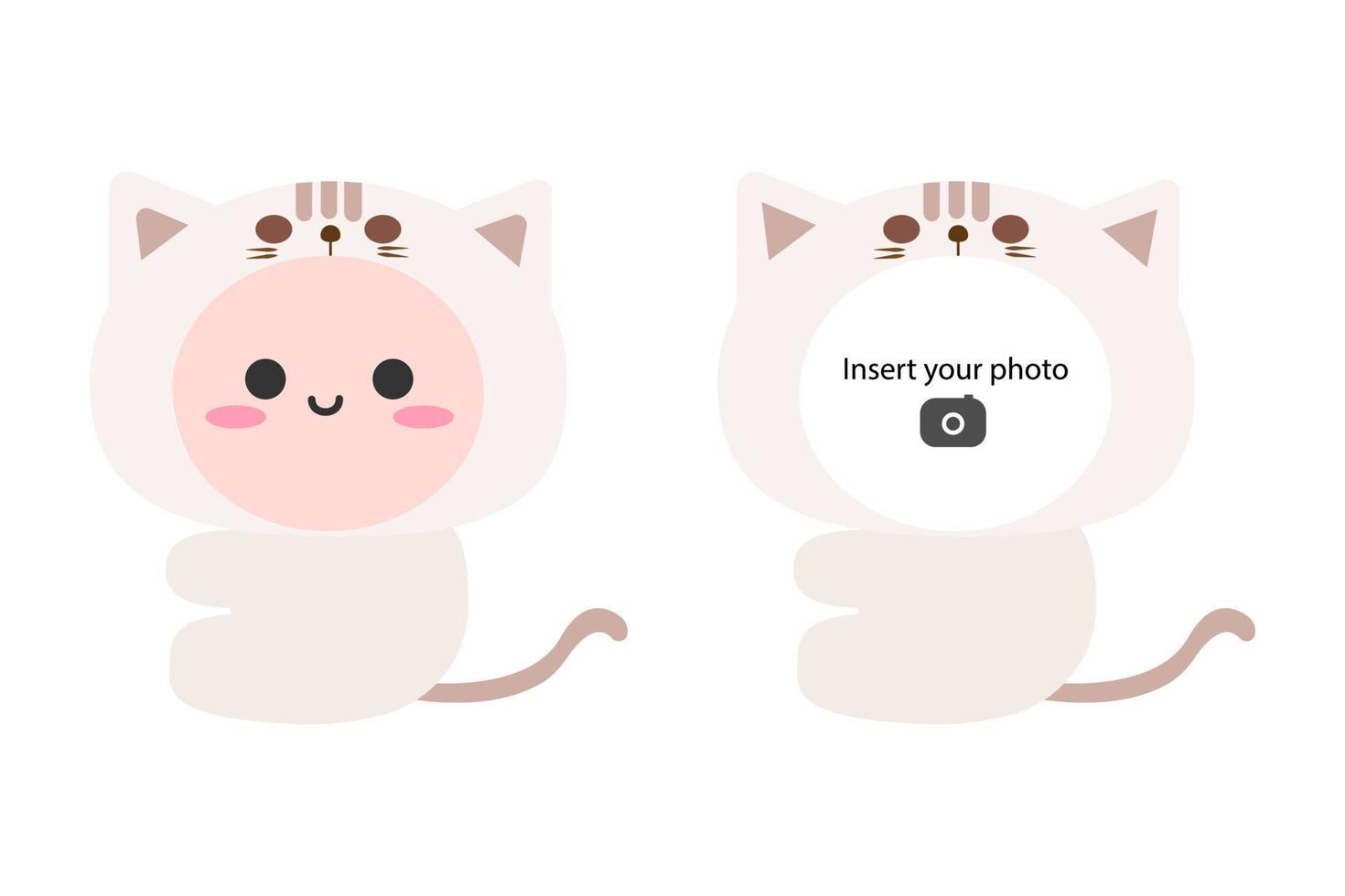 lindo gatito blanco sentado en el suelo. encaje su cara en el marco de la foto. aislado sobre fondo blanco, diseño plano, vector eps10