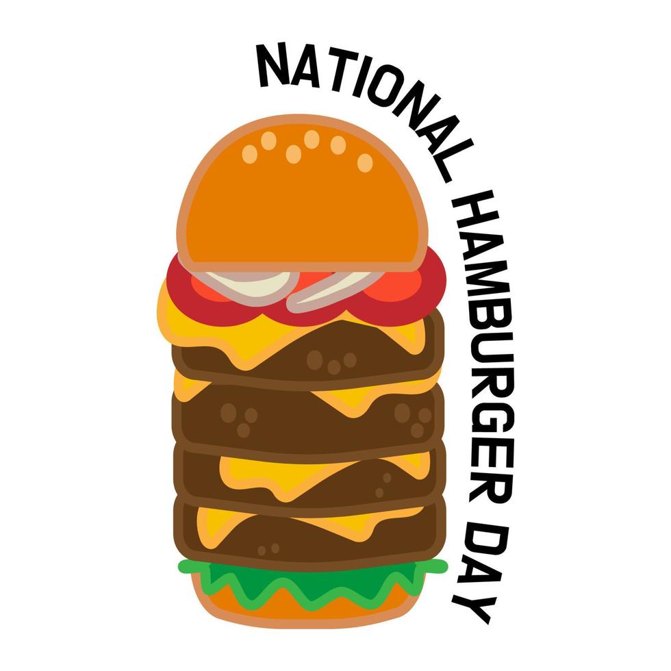 caricatura, queso, hamburguesa grande, icono, y, sticker. hamburguesa con lechuga, tomate, queso y bistec de hamburguesa. vector del día nacional de la hamburguesa, ilustración, eps10