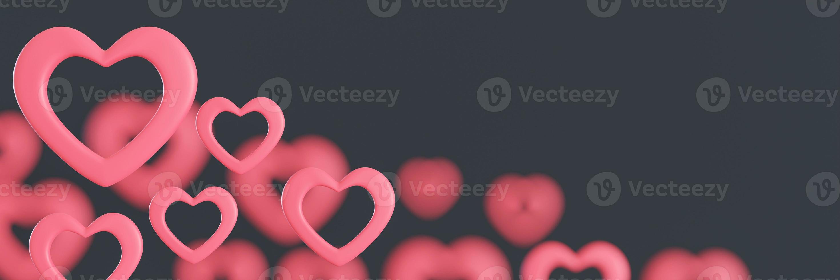 Gray background with pink hearts and copy space. Valentine's Day backdrop. Empty space for advertising text, invitation. Postcard, greeting card design. Banner. 3D render. photo