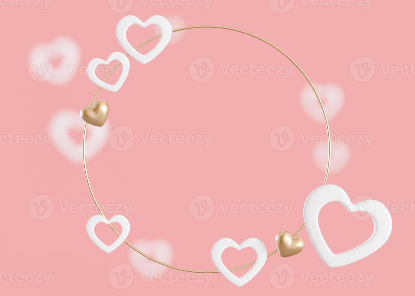 Pink background with white and golden hearts and copy space. Valentine's Day, Mother's Day, Wedding backdrop. Empty space for advertising text, invitation, logo. Postcard, greeting card. 3D render. photo