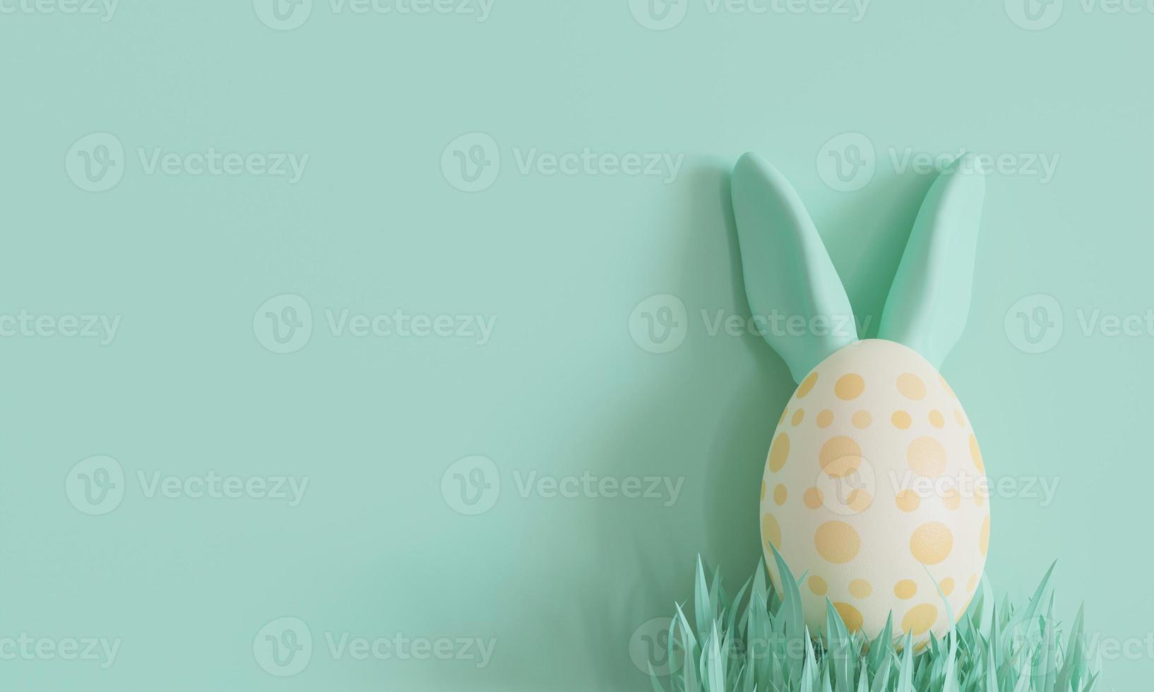 Green background with Easter egg, rabbit ears and copy space. Easter backdrop. Empty space for advertising text, invitation, logo. Postcard, greeting card design. Pascha, Happy Easter Day. 3D render. photo