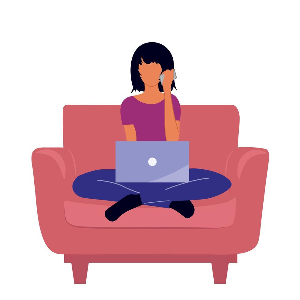 girl is sitting. Phone and laptop, work. video conference communication vector