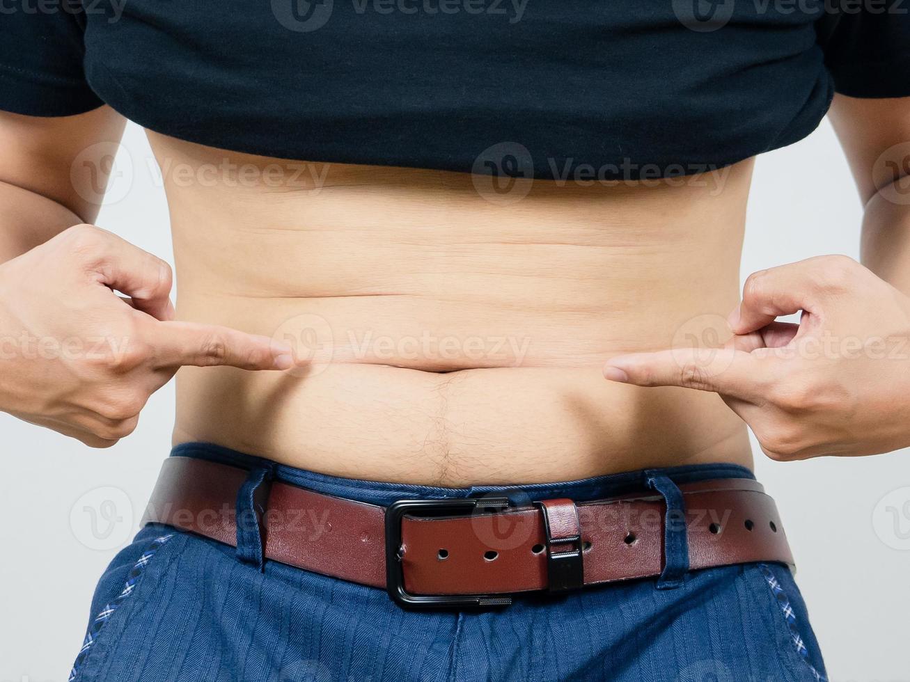 Man point finger at his waist fat studio shot photo