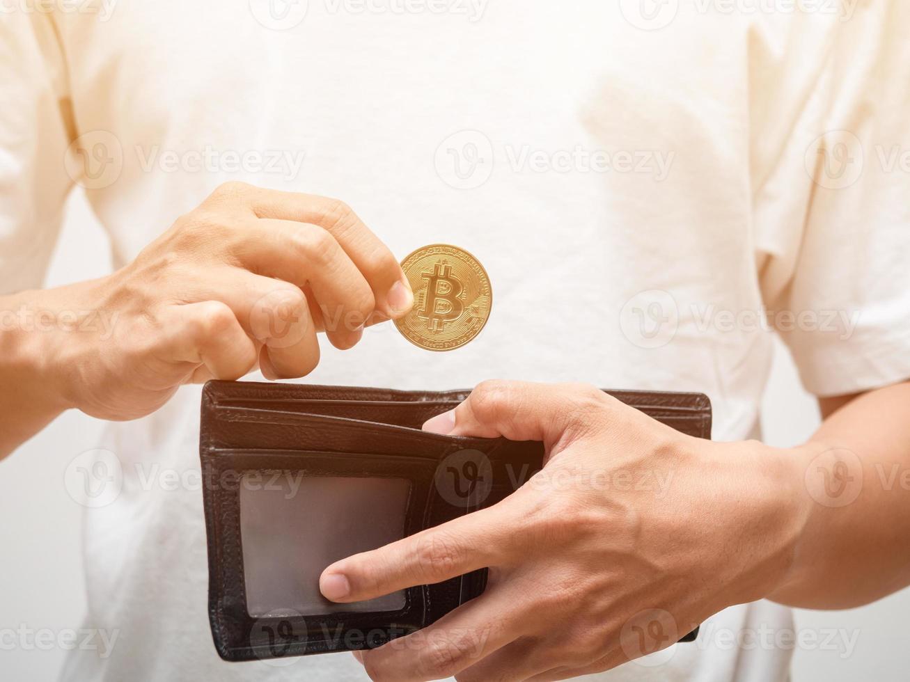 Close-up male hand pick up bitcoin from wallet digital money concept photo