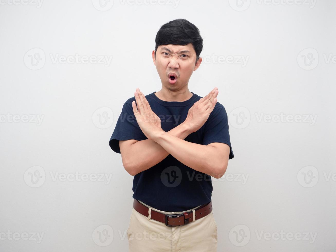 Portrait young man cross arm say no angry emotion studio shot white background photo