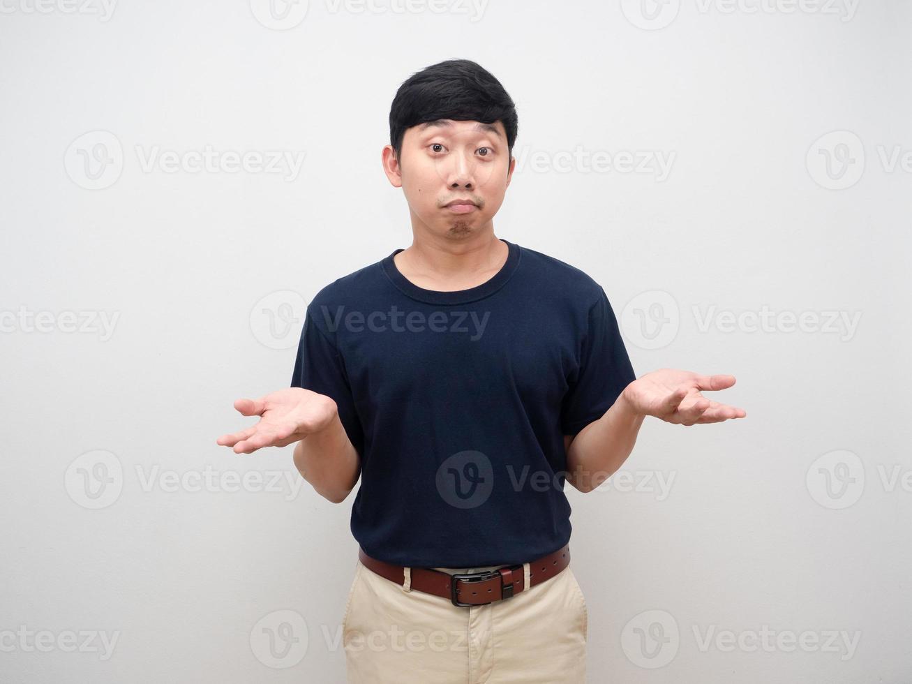 Asian man gesture hand up i don't know isolated white photo