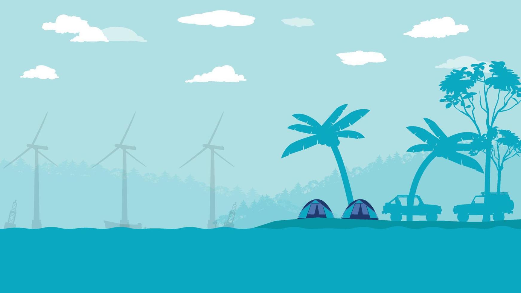 caricatura plana vista lateral del vehículo todoterreno camping con vista a la playa del océano vector