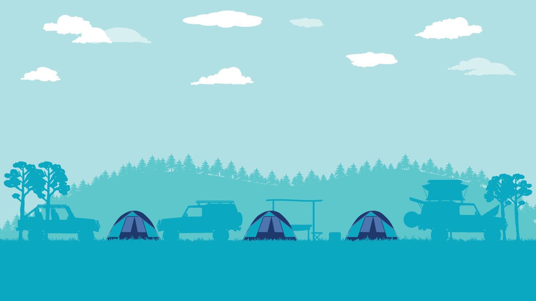 caricatura plana vista lateral del vehículo todoterreno camping con paisaje montañoso del bosque vector