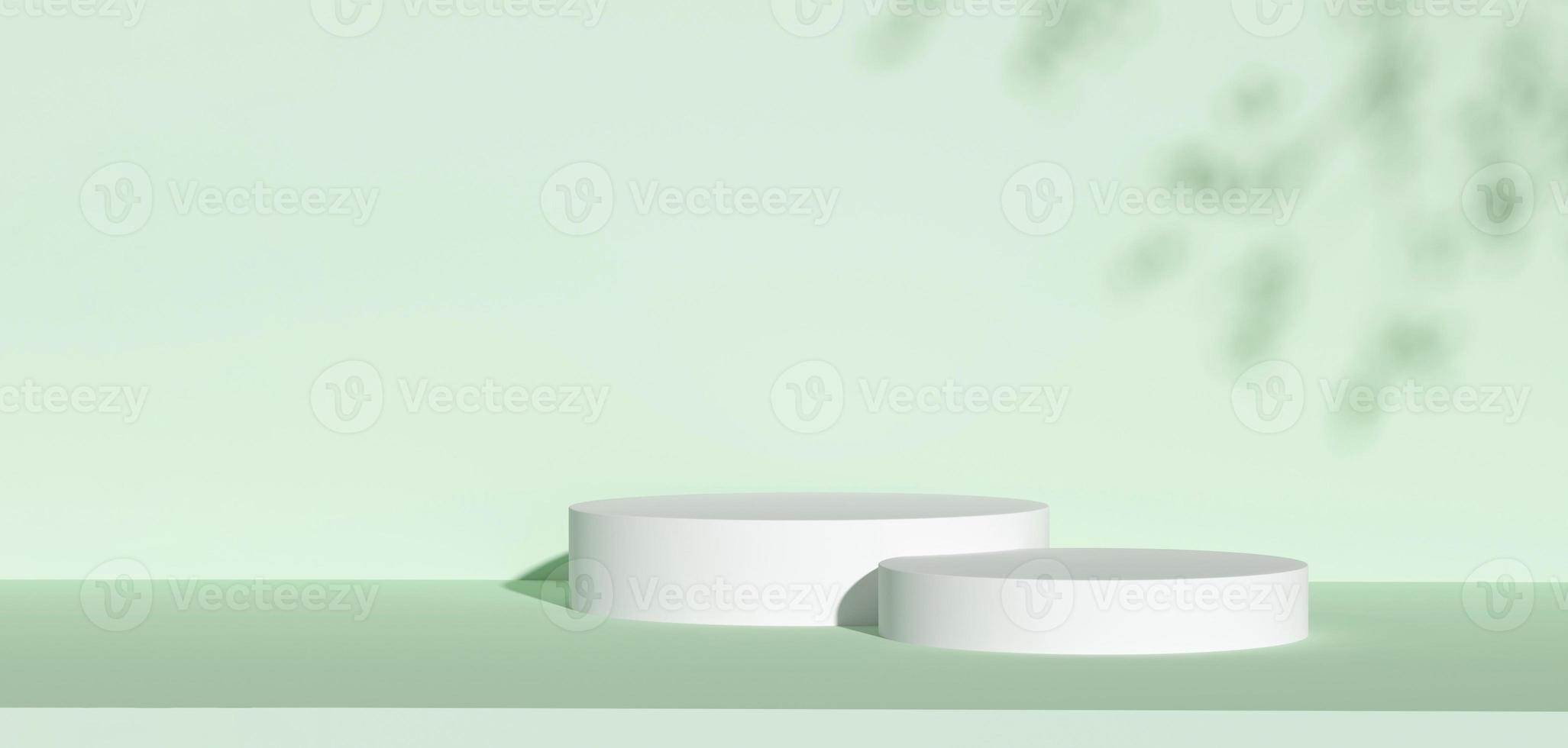 Double minimalist podium with natural light on eco green background for product display. Empty podium platform. photo