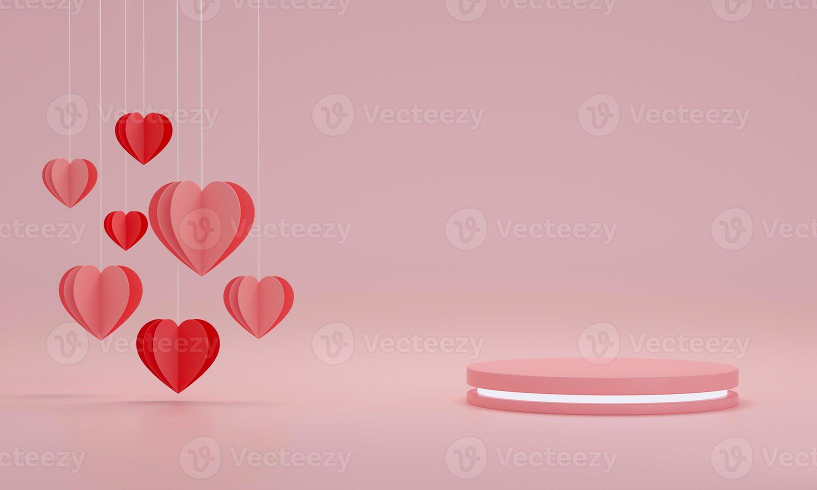 Heart balloon floating with Neon podium. Happy Valentine's Day. Pink background. photo