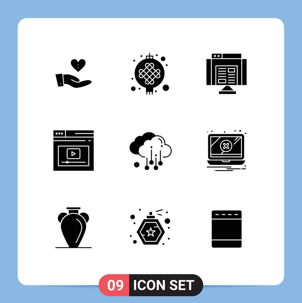 Group of 9 Solid Glyphs Signs and Symbols for video web light page web Editable Vector Design Elements