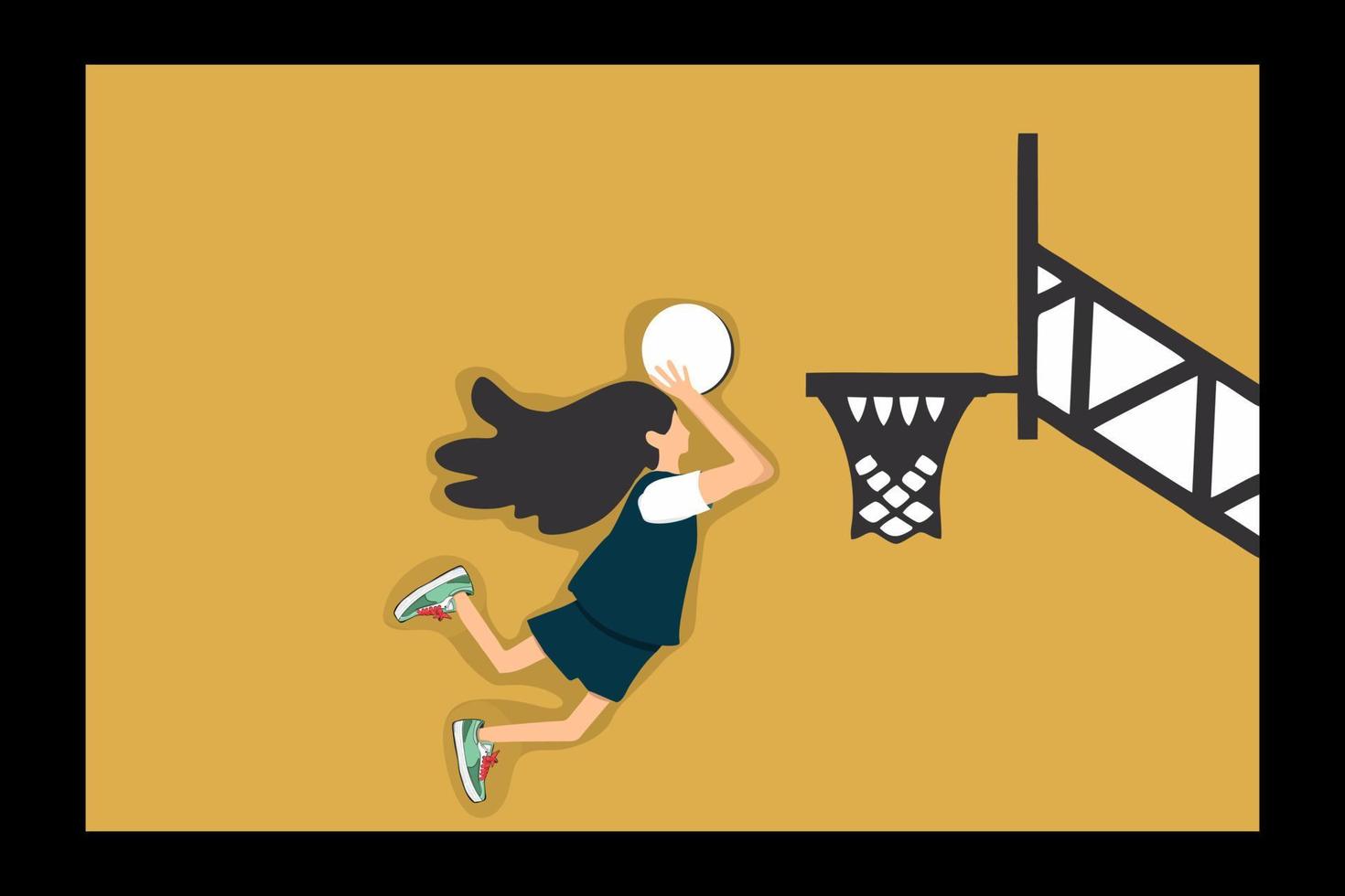 niña jugando baloncesto en ilustración de diseño plano vector