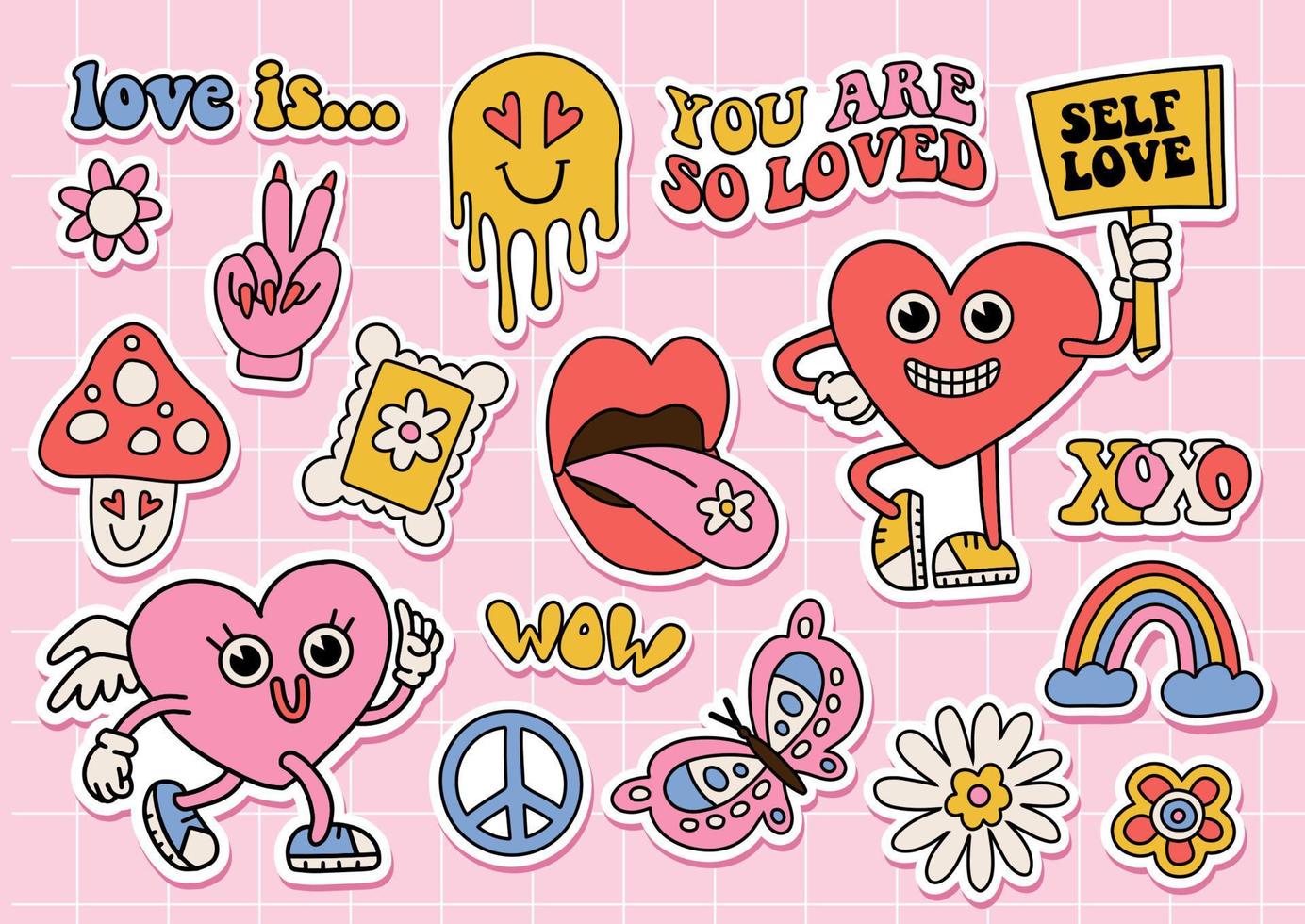 Groovy hippie love sticker set. Retro catroon happy Valentines day stickers pack. Comic heart mascots in trendy vintage 60s 70s cartoon style. Weird characters and elements. Vector illustration kit