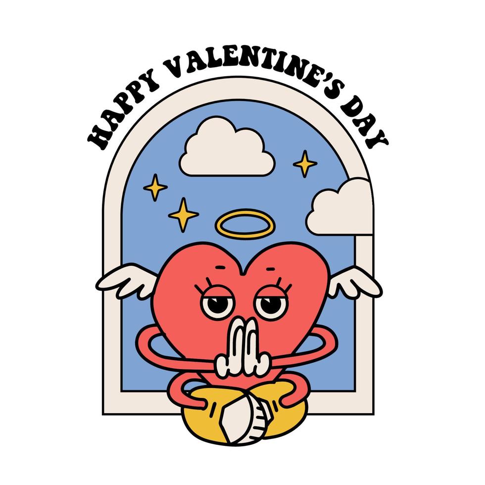 Groovy print or sticker with relax heart character in lotus position. Retro Cartoon lovely mascot with wings. Happy Valentines day concept in 60s 70s toons style. Funky cute vector illustration