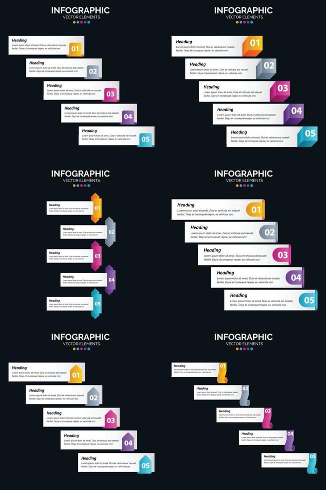 plantilla de diapositiva de presentación del paquete de infografías vectoriales 6 diagramas de ciclo de 5 pasos y líneas de tiempo vector