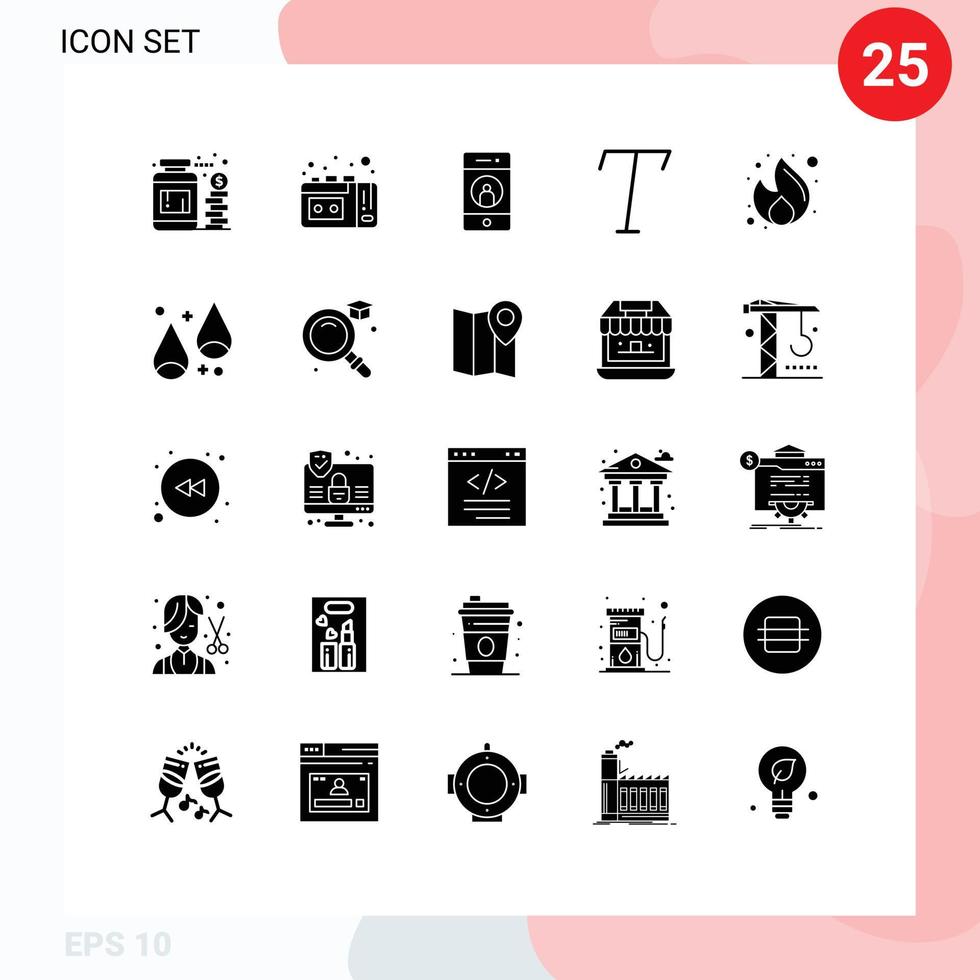 25 Universal Solid Glyphs Set for Web and Mobile Applications money fire friend business font Editable Vector Design Elements