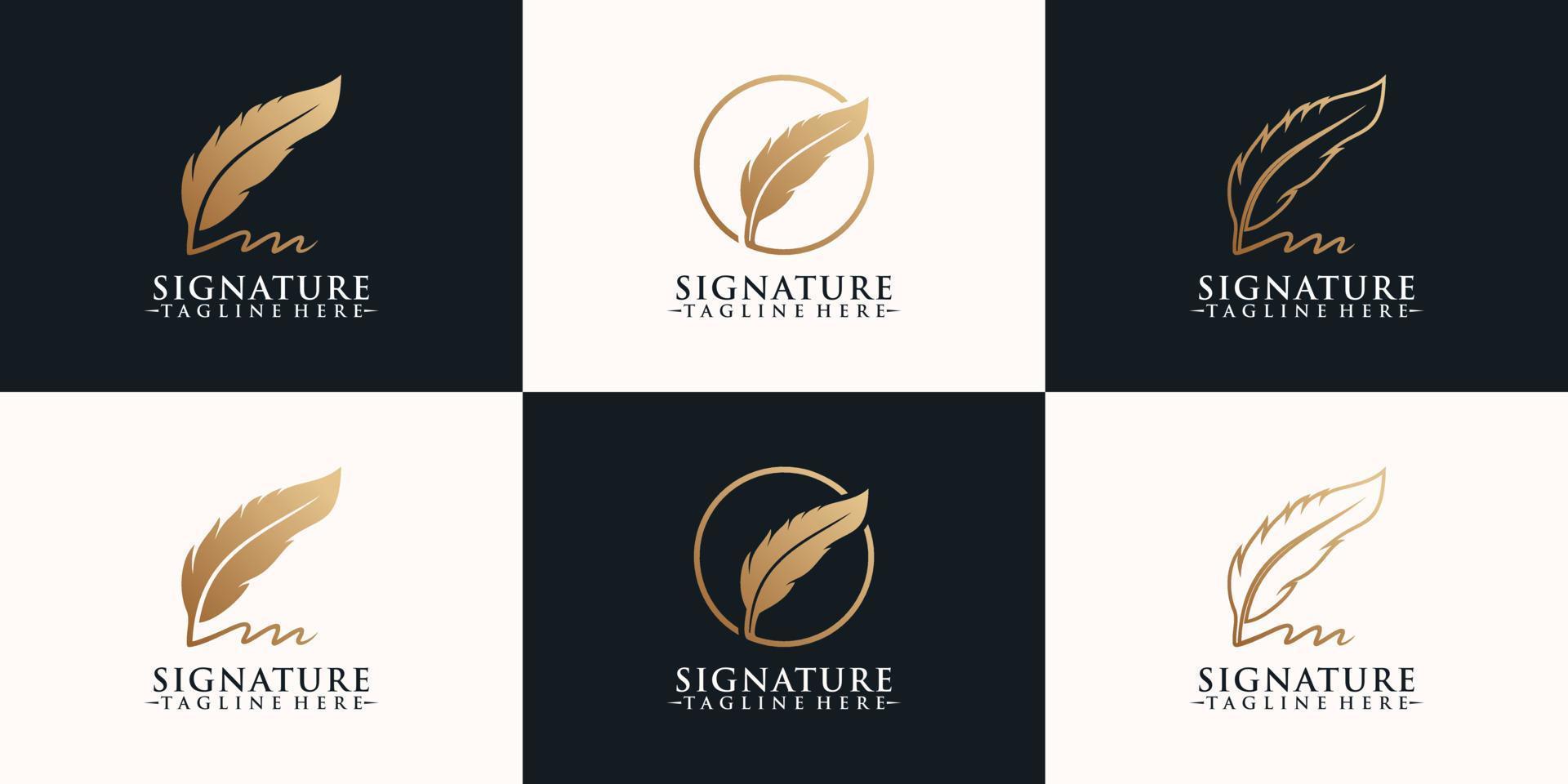 Set creative quill signature logo design with minimalist feather ink Premium Vector