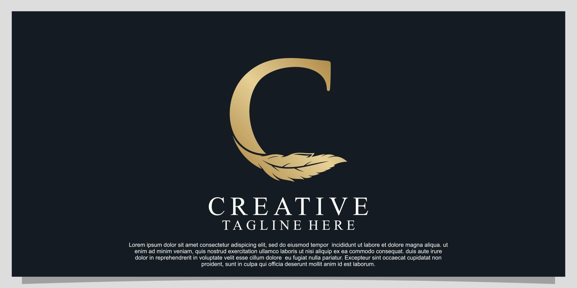 Golden letter C with unique feather combination logo design Premium Vector