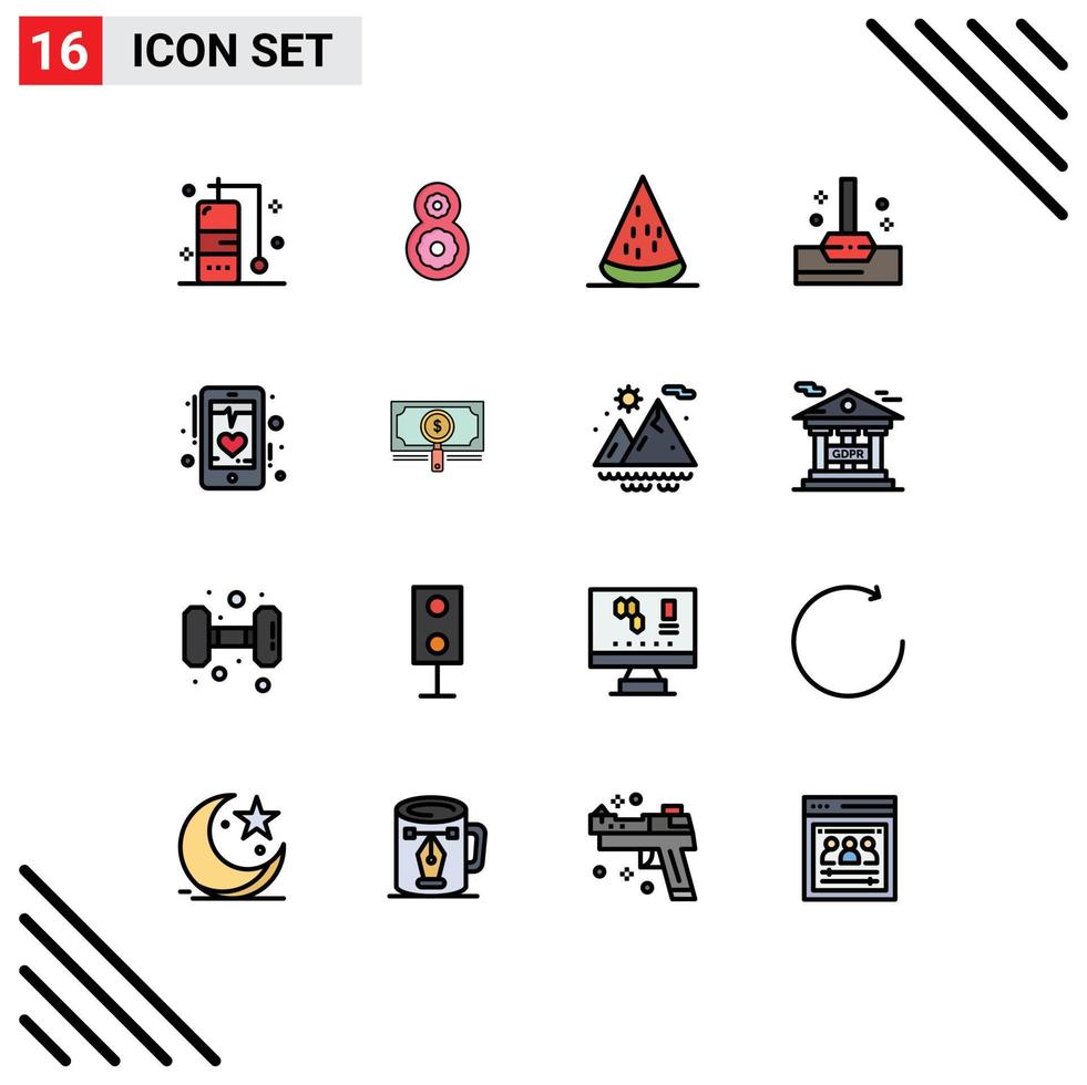 16 User Interface Flat Color Filled Line Pack of modern Signs and Symbols of mobile ecg fruit beat bath Editable Creative Vector Design Elements