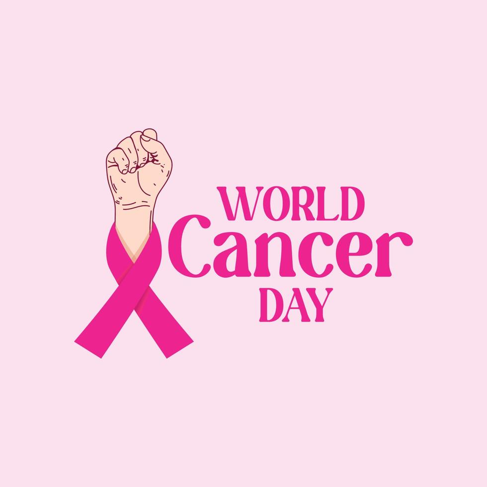 ilustración vectorial de letras y tipografía del día mundial del cáncer con cinta de color rosa. diseño de fondo de plantilla de banner de cartel de conciencia de cáncer vector