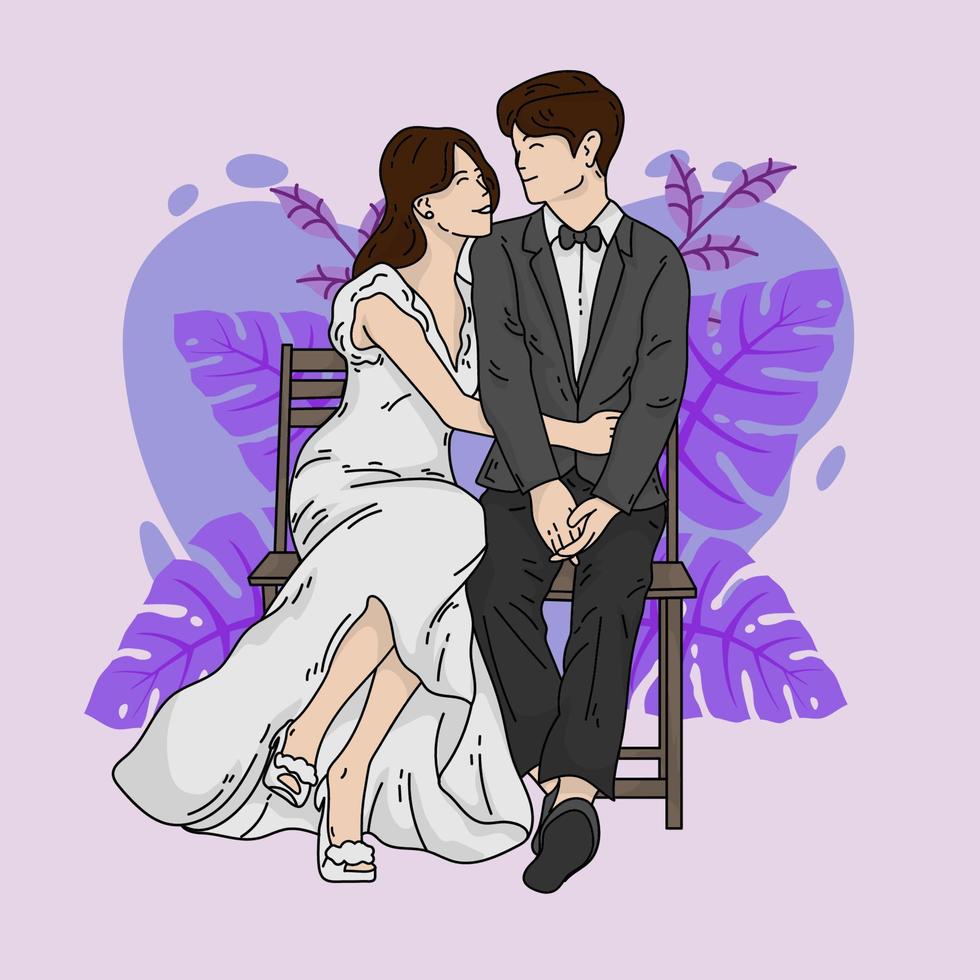 cute wedding couple love valentine doodle illustration vector