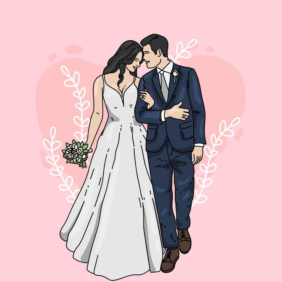 cute wedding couple love valentine doodle illustration vector