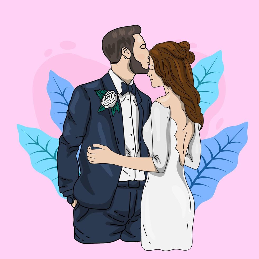 cute wedding couple love valentine doodle illustration vector