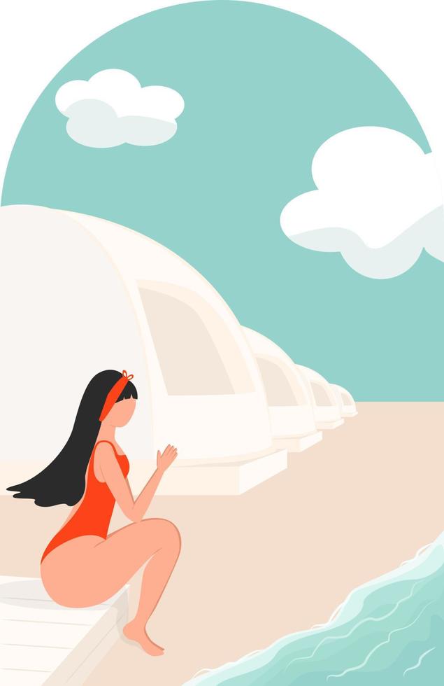 girl in swimsuit sits in profile on the beach by the sea against the background of the geodome vector