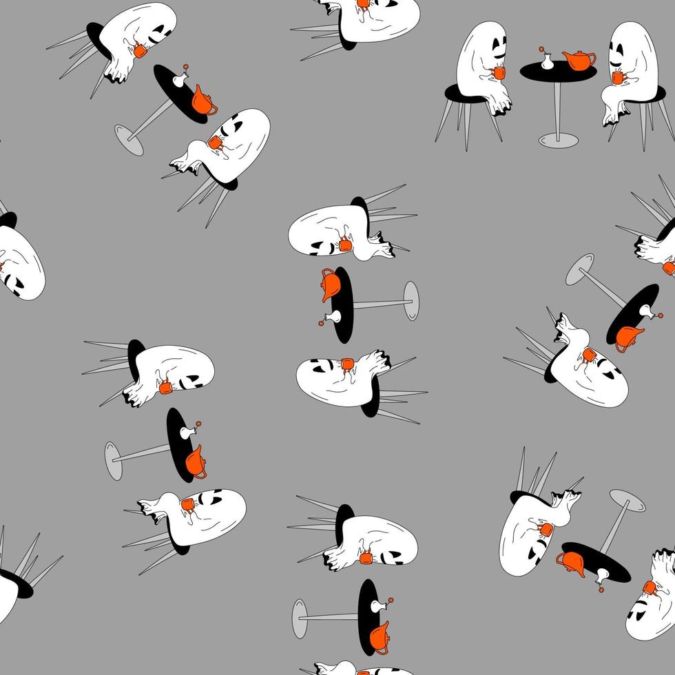 seamless pattern of Halloween hand-drawn ghosts sit on chairs at the table and drink tea vector