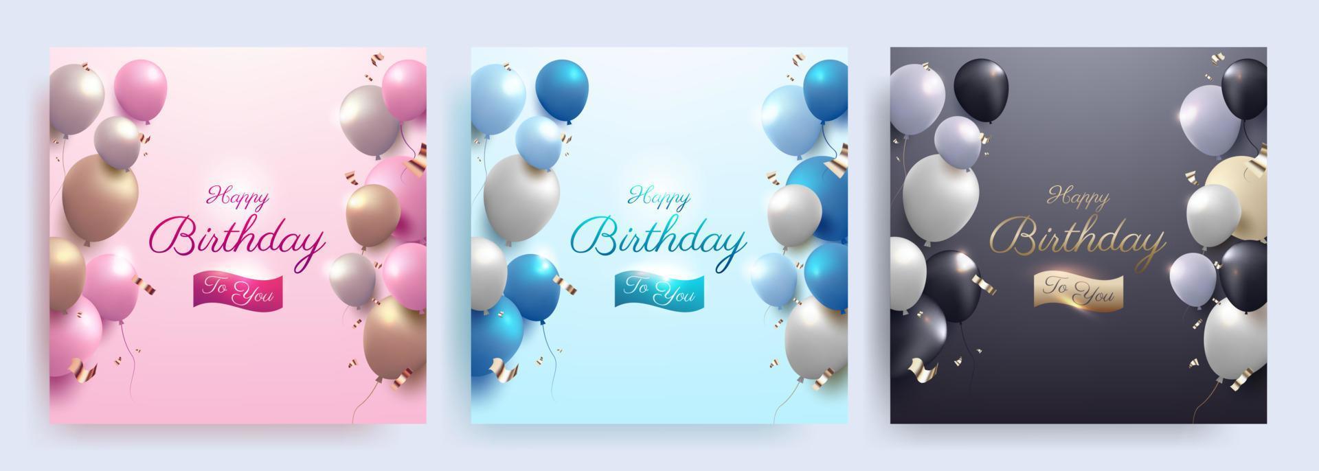 conjunto de banner de celebración de feliz cumpleaños con globos de colores realistas para publicación en redes sociales vector