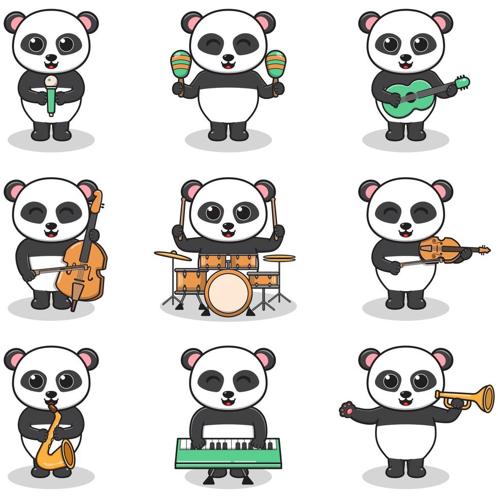 ilustración vectorial de panda lindo tocando instrumentos musicales. conjunto de lindos personajes panda. dibujos animados de animales tocan música. animales músicos. vector