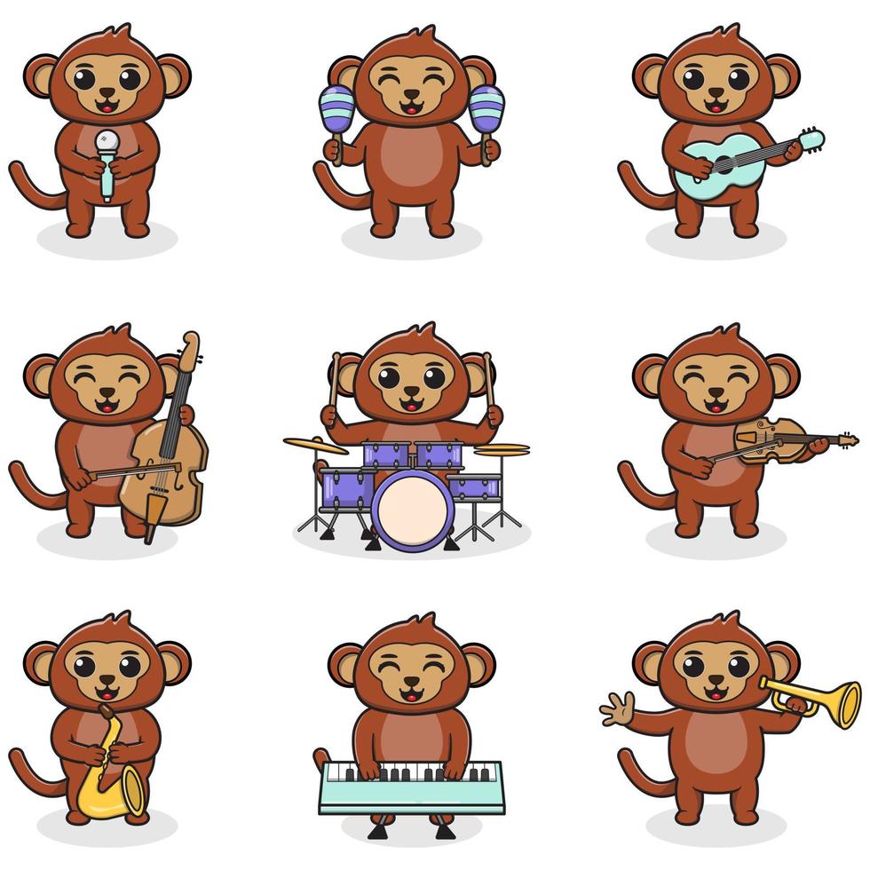 Vector Illustration of Cute Monkey playing music instruments. Set of cute Monkey characters. Cartoon animal play music. Animals musicians.