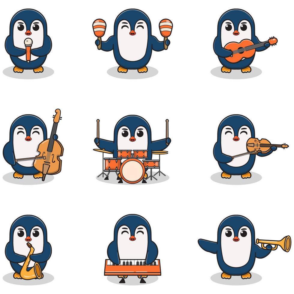 ilustración vectorial de lindo pingüino tocando instrumentos musicales. conjunto de lindos personajes de pingüinos. dibujos animados de animales tocan música. animales músicos. vector