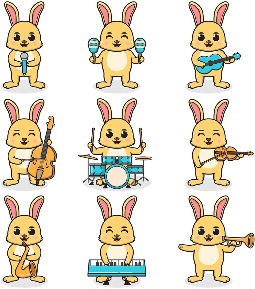 ilustración vectorial de lindo conejo tocando instrumentos musicales. conjunto de lindos personajes de conejo. dibujos animados de animales tocan música. animales músicos. vector