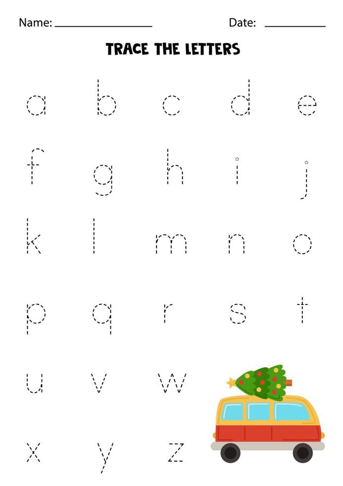 Worksheet with Christmas van. Trace lowercase letters of alphabet. vector