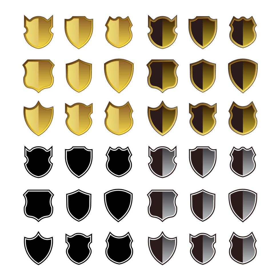 Collection of shield icon silhouettes in black and gold color vector