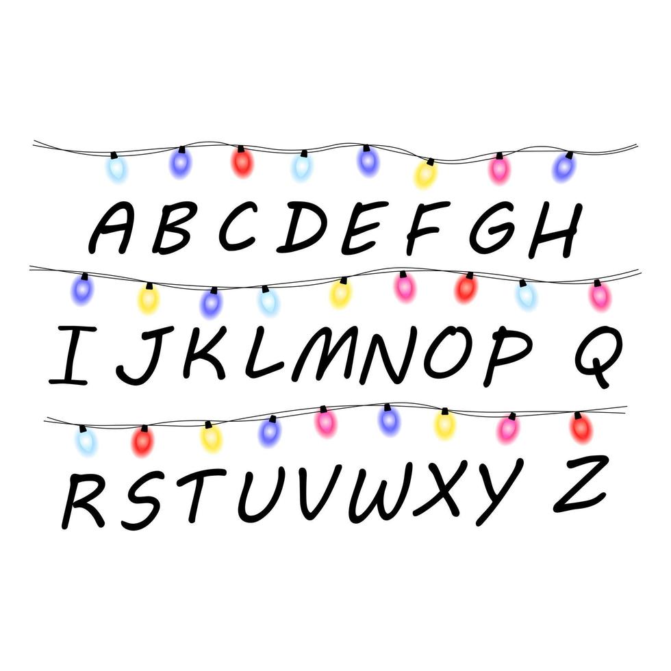 Christmas lights with alphabet. Garlands. Vector illustration