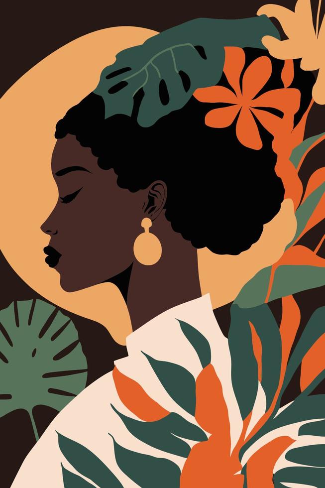 black african American woman with curly hair wall art matisse style vector
