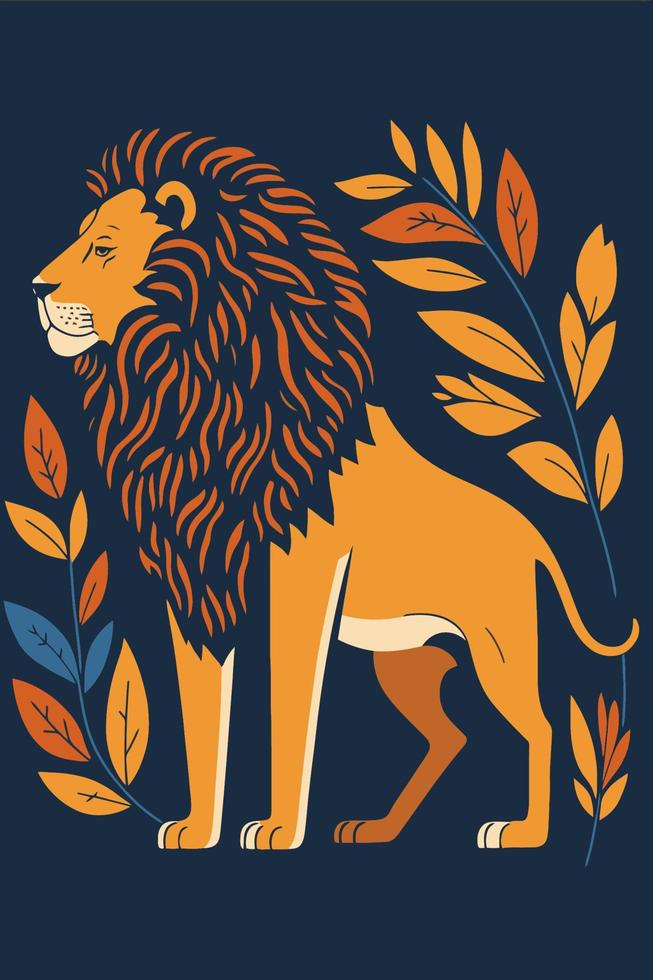 león, animal salvaje, en, hoja, plano de fondo, plano, color, vector, ilustración, cartel vector