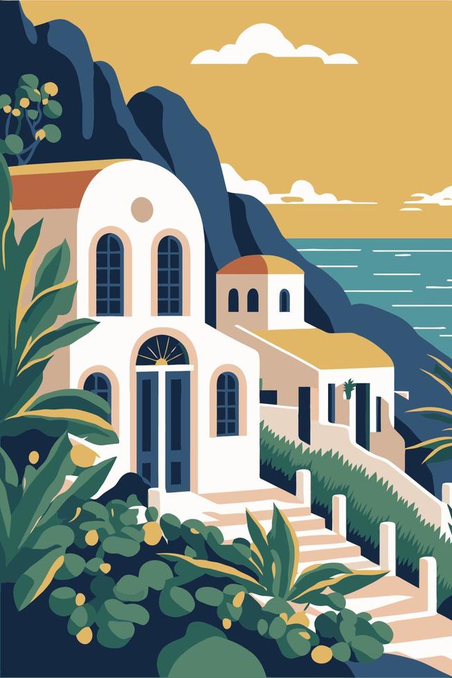 fondo de ilustración de color plano de vector de viaje de isla de santorini